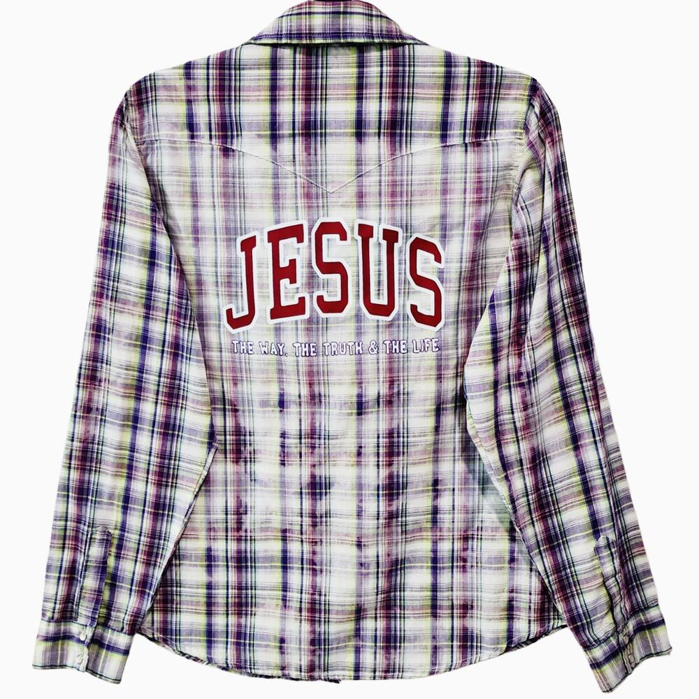 Jesus The Way The Truth The Life Upcycled Plaid Snap Button Western Shirt, XL